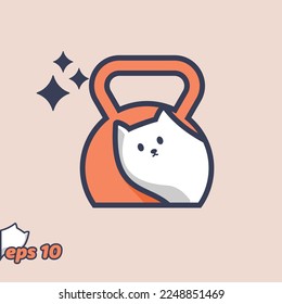 Cute cat peeking from inside workout icon, in trendy style. Vector illustration.