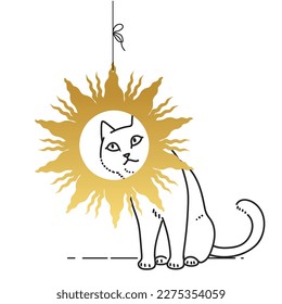 Cute cat peeking into the frame in the shape of the sun. Vector illustration