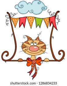 Cute cat peeking on flag banner party with cloud
