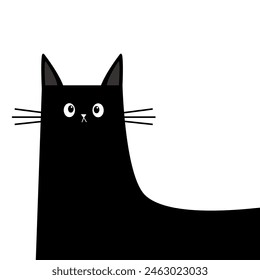 Cute cat peeking out from around the corner. Cute kawaii funny baby pet animal. Black square kitten surprised face. Cartoon character. Sticker, greeting card print. Flat design White background Vector