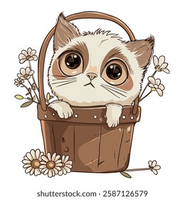 cute cat peeking out of wooden basket surrounded by flowers, evoking sense of playfulness and charm