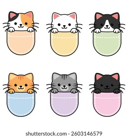 Cute cat peeking in pocket cartoon, vector illustration