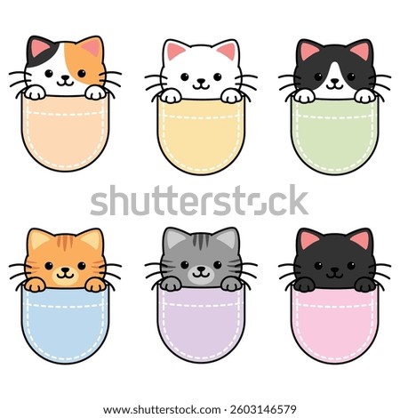 Cute cat peeking in pocket cartoon, vector illustration