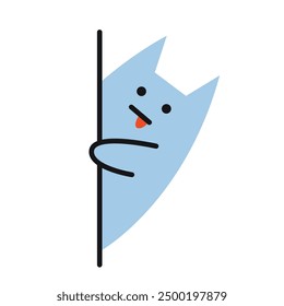 Cute cat peeks out from around a corner, wall or piece of paper. Vector illustration isolated on white, hand drawn, flat design