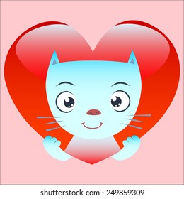 Cute cat Peeps from red heart Valentines day