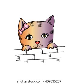 Cute cat peering on brick wall. Sketchy style.