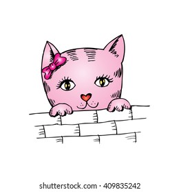 Cute cat peering on brick wall. Sketchy style.