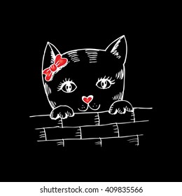Cute cat peering on brick wall. Sketchy style.