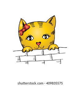Cute cat peering on brick wall. Sketchy style.