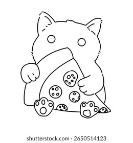 Cute cat with pepperoni pizza line art outline illustration 