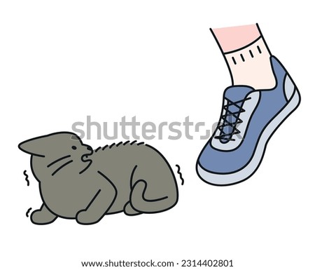 Cute cat. A person who abuses cats. A small black cat is trembling in fear.