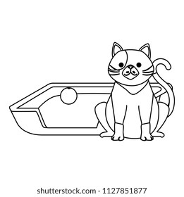 cute cat pet with bed and ball character