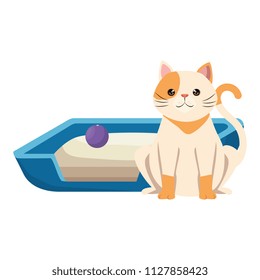 cute cat pet with bed and ball character