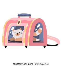 Cute cat in a pet carriage. Travel with animal. Flat hand drawn cartoon vector illustration for stickers, web, cards, ads, social media. Expressive pet characters. Cat day. 