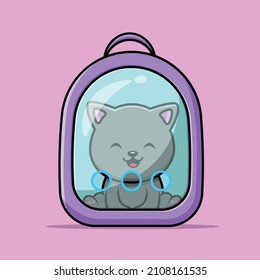 Cute Cat In Pet Carrier Bag Cartoon Vector Icon Illustration. Science Food Icon Concept Isolated Premium Vector. Flat Cartoon Style