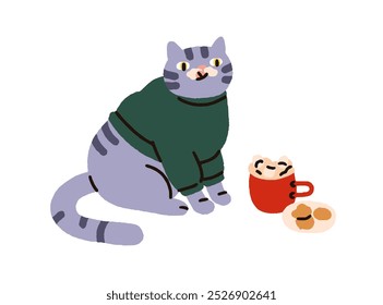 Cute cat pet in cozy warm sweater, drinking hot beverage, cocoa in mug, eating sweet cookies, biscuits. Festive winter, feline animal holiday. Flat vector illustration isolated on white background