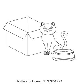 cute cat pet with dish and box character