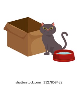 cute cat pet with dish and box character