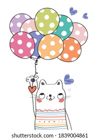 Cute cat pet drawings Hand drawn pet Wearing and Rainbow balloons in simple patterned costume Gestures Funny and fun Colorful face smile in Seamless pattern and illustration