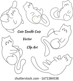 Cute Cat Pet Kitten Domestic Animal Doodle Cartoon Clip Art Vector Illustration Outline Elements Collection Isolated on White Background