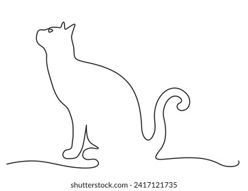 Mascota de gato en línea, línea de dibujo manual continua. Gato sentado con la cola rizada. Dibujo de una sola línea de gatito de corte. Ilustración vectorial