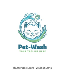 Cute Cat Pet Wash Logo, Design logo illustration of a happy smiling cat with water splashes and soap bubbles. Perfect for pet grooming services, cat salons, animal spas, and pet care business branding.