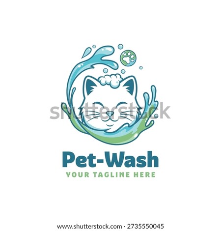 Cute Cat Pet Wash Logo, Design logo illustration of a happy smiling cat with water splashes and soap bubbles. Perfect for pet grooming services, cat salons, animal spas, and pet care business branding.