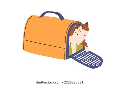 Un gato lindo en el portador de mascotas. Kitty saliendo de la puerta abierta de la bolsa de la jaula de viaje. Animales y cajas de carga, estuche para transporte, viaje. Ilustración vectorial plana aislada en fondo blanco