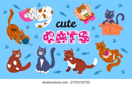 Nette Katze. Pfote für Haustiere. Symboltier. Aufkleber Kätzchen Baby. In der Kiste sitzen, Aktive posieren, verspieltes Kätzchen mit Garn. Rasse Miauen bezaubernd. Banner für den Katzentag. Vektor aufgeräumt Cartoon flachen Stil einzelne Illustration
