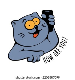 Cute cat with phone and the phrase how are you