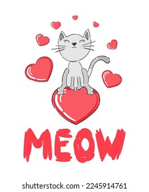 Cute cat with phrase lovely meow and hearts vector illustration. Children design poster.