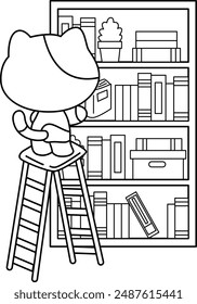 Cute Cat Picking a Book from Bookshelf in black and white coloring