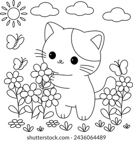 The cute cat is picking flowers in the garden coloring page .