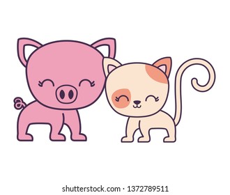 cute cat with piggy animals isolated icon