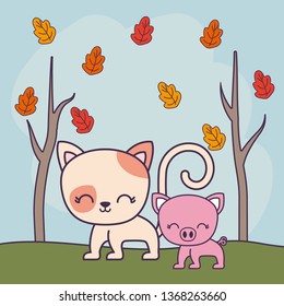 cute cat with piggy in landscape