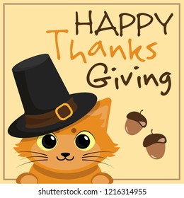 Cute Cat In Pilgrim Hat For Thanksgiving Day Card. Vector Illustration. Lettering Card. Perfect For Poster Or Banner.