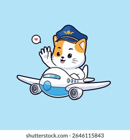 Bonito piloto de gato voando um vetor de avião mascote logotipo. Ilustração do conceito do ícone de transporte animal.