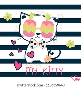 cute cat with pineapple sunglasses vector illustration