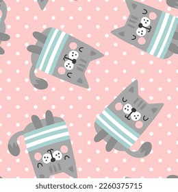 Cute cat pink background polka dot texture baby girl seamless pattern for fabric and textile print, wrapping paper bright vector design