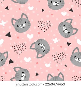 Cute cat pink background polka dot texture baby girl seamless pattern for fabric and textile print, wrapping paper bright vector design