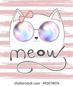 cute cat with pink bow, cat and lettering, cat meow, graphic, illustration, vector, T-shirt Print, pretty, white cat, isolated, little, sketch, girl, face