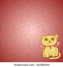 Cute cat with pink bow sits on a neck in the right corner of the picture.