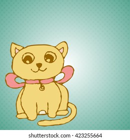 Cute cat with pink bow sits on a neck in the left corner of the picture.