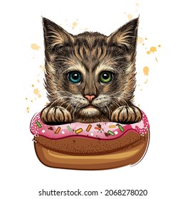 Cute cat with a pink donut. Humor poster, t-shirt composition, hand drawn style print. Vector illustration.