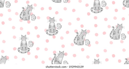 Cute cat and pink dots seamless pattern. Vector cartoon character, cat with cap of coffee. Hand drawn illustration for children, kids, baby. Design for fabric, textile, wrapping. Soft gray colors