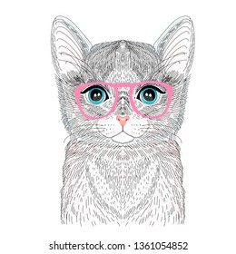 Cute cat with pink glasses /Vector illustration for posters and postcards /Cat vector/T-shirt Print