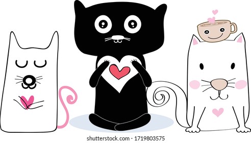 cute cat with pink heart background design for art and print,  vector eps.10