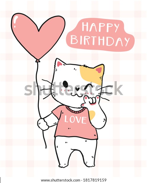 Cute Cat Pink Heart Balloon Happy Stock Vector (Royalty Free ...