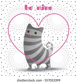 Cute cat in pink heart. Gray stripes.