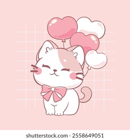 Cute cat with pink heart valentine's day kawaii animal illustration.

